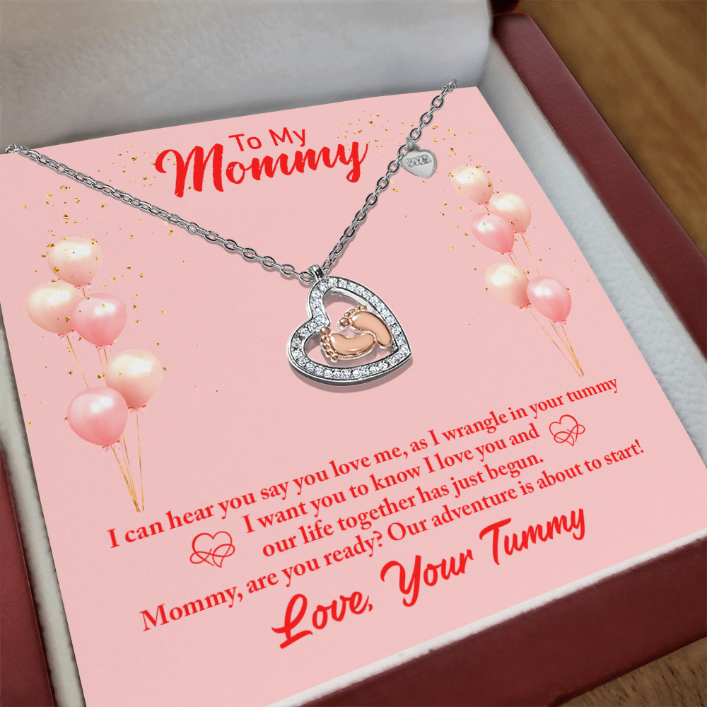 To My Mommy-I Can Hear You (Expectant Mommy) Baby Feet Heart Necklace