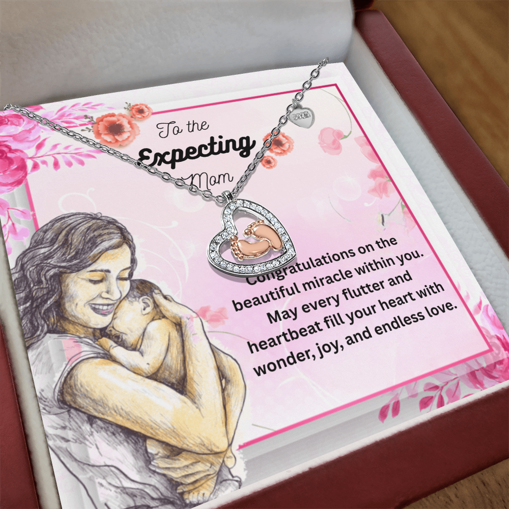Blossoms of Tomorrow: A Tribute to the Expecting Mom-Baby Feet Heart Necklace