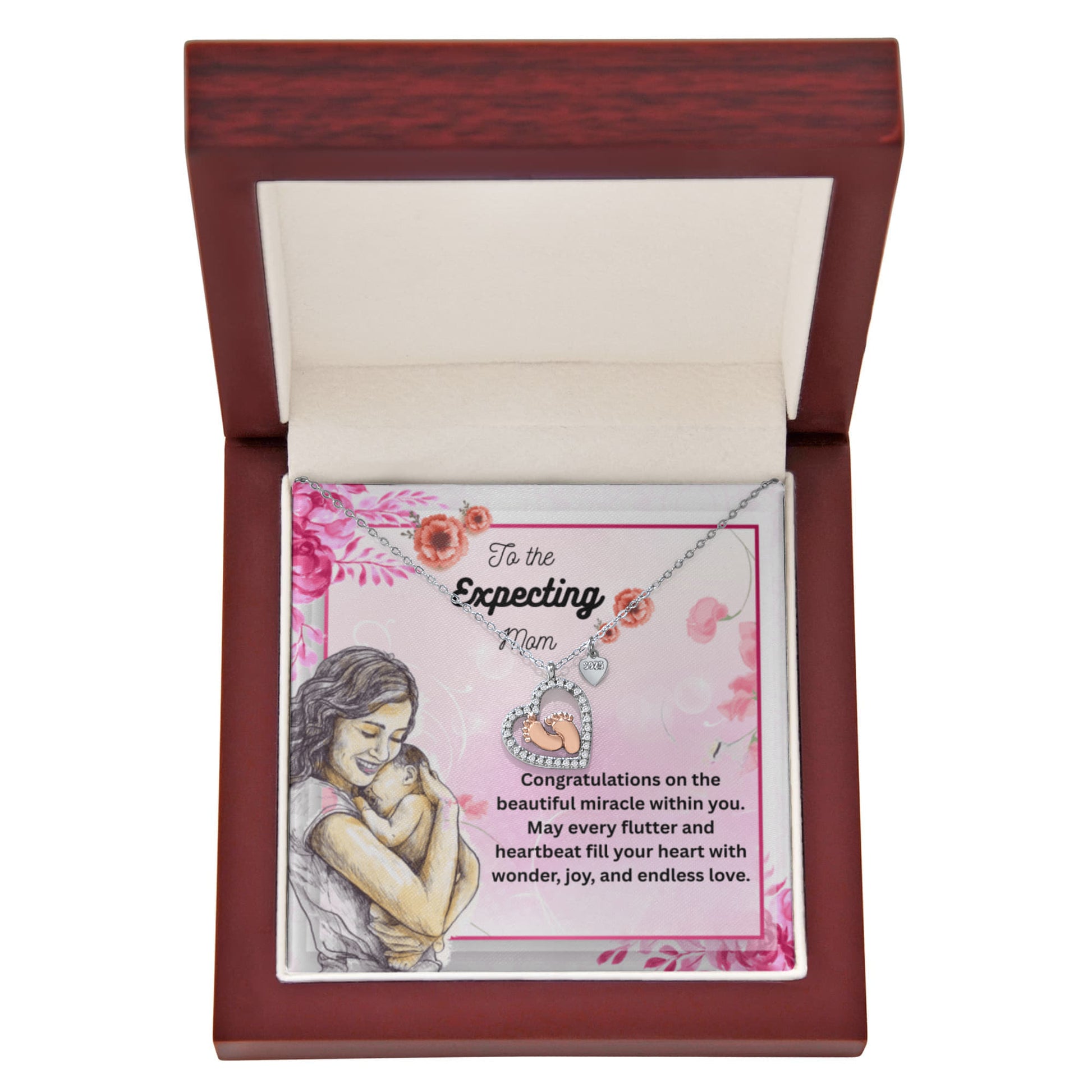 Blossoms of Tomorrow: A Tribute to the Expecting Mom-Baby Feet Heart Necklace
