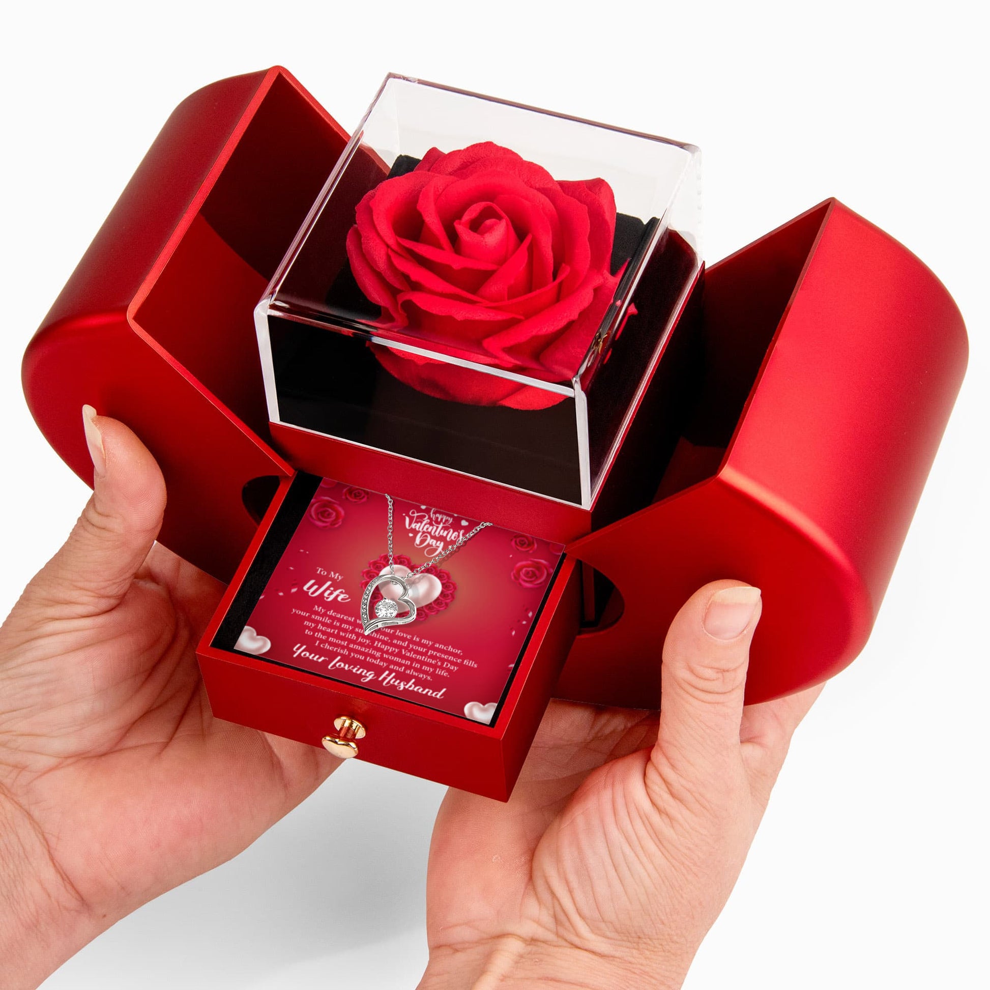 Heart of Roses — My Dearest Wife Happy Valentine's Day Forever Love Necklace w/ Red Heart Rose Box
