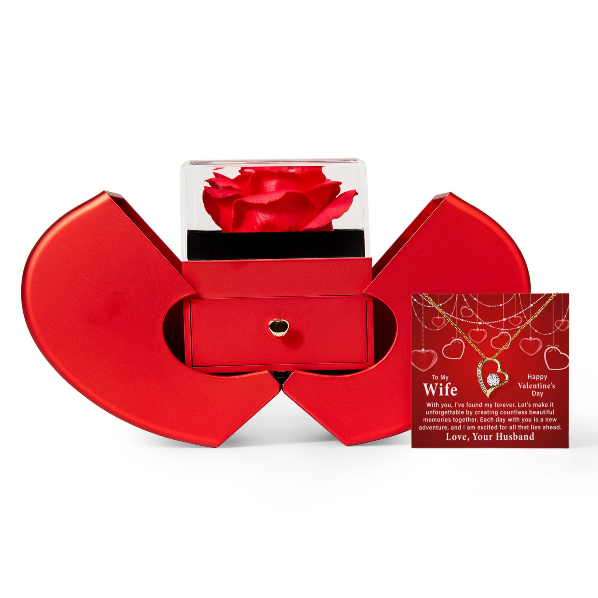 To My Wife: With You I've Found My Forever-Happy Valentine's Day Forever Love Necklace w/ Red Heart Rose Box