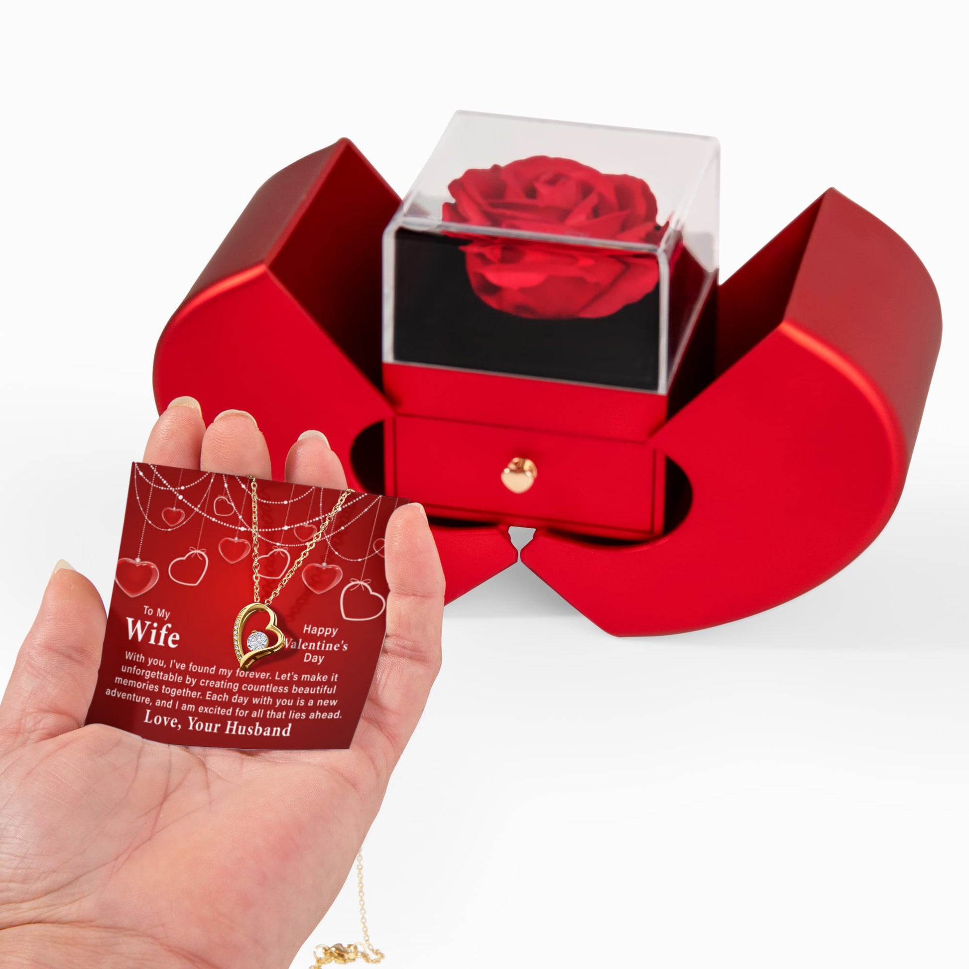 To My Wife: With You I've Found My Forever-Happy Valentine's Day Forever Love Necklace w/ Red Heart Rose Box