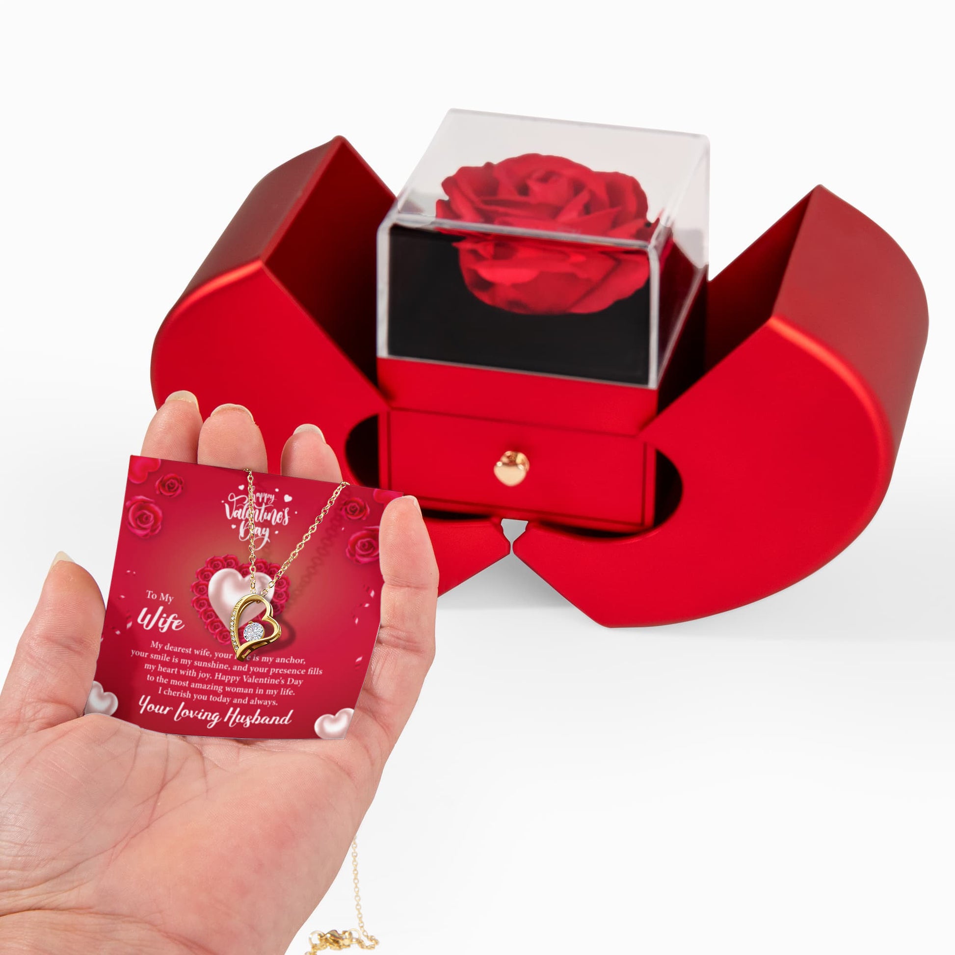 Heart of Roses — My Dearest Wife Happy Valentine's Day Forever Love Necklace w/ Red Heart Rose Box