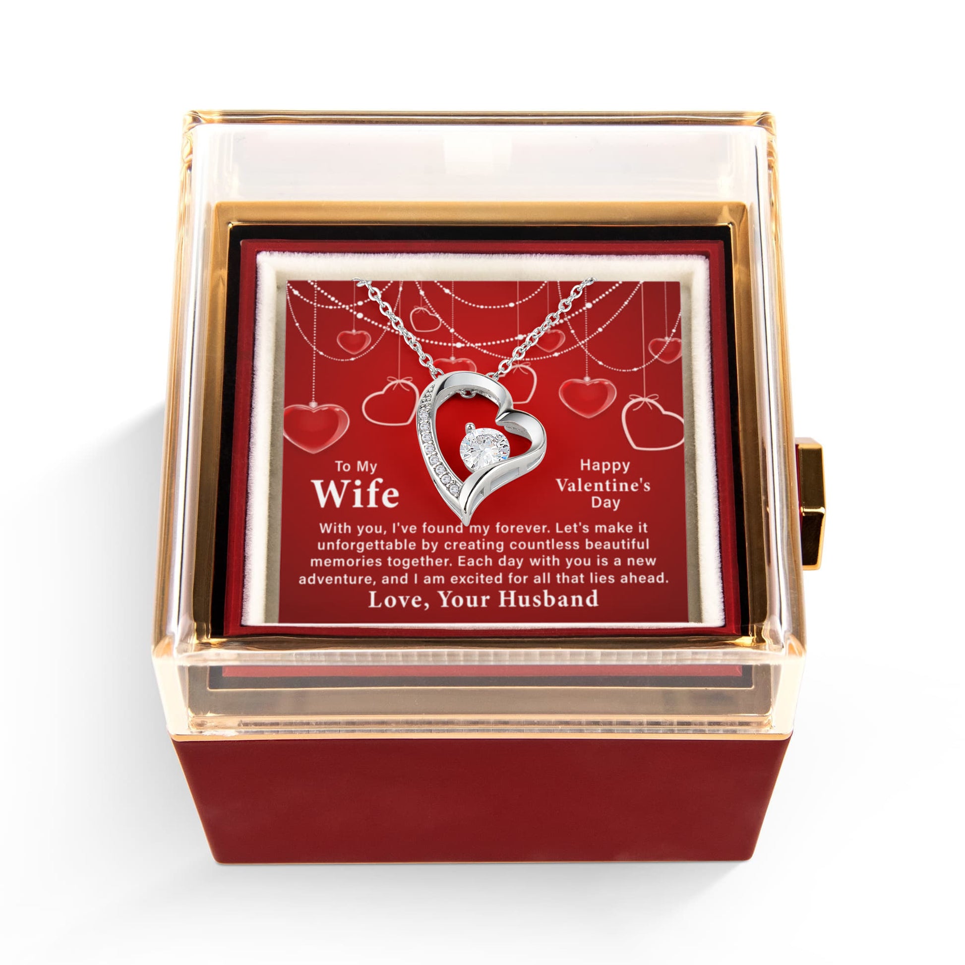 To My Wife: With You I've Found My Forever-Happy Valentine's Day Forever Love Necklace w/Rotating Rose Giftbox