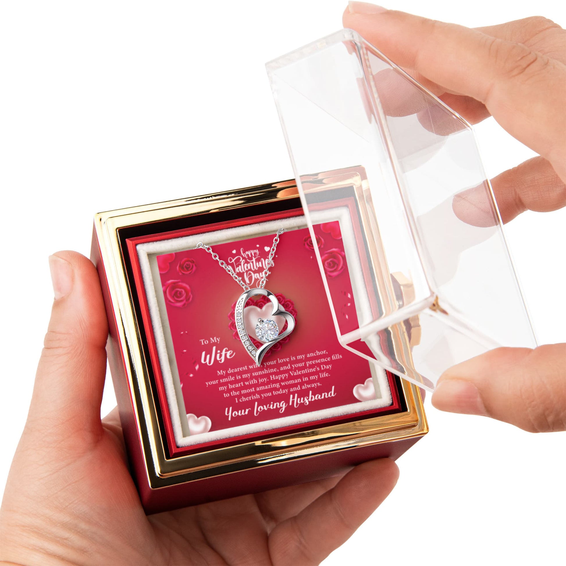 Heart of Roses — My Dearest Wife Happy Valentine's Day Forever Love Necklace w/ Rotating Rose Giftbox
