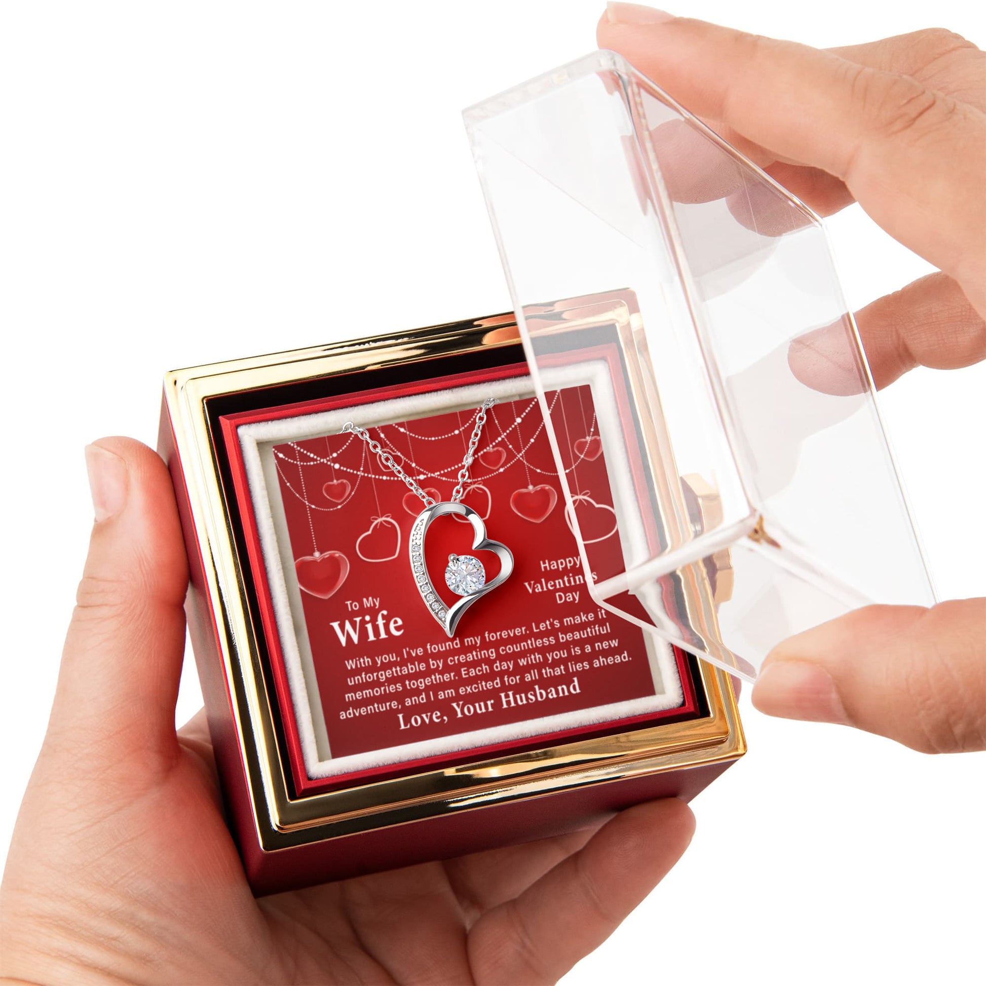 To My Wife: With You I've Found My Forever-Happy Valentine's Day Forever Love Necklace w/Rotating Rose Giftbox