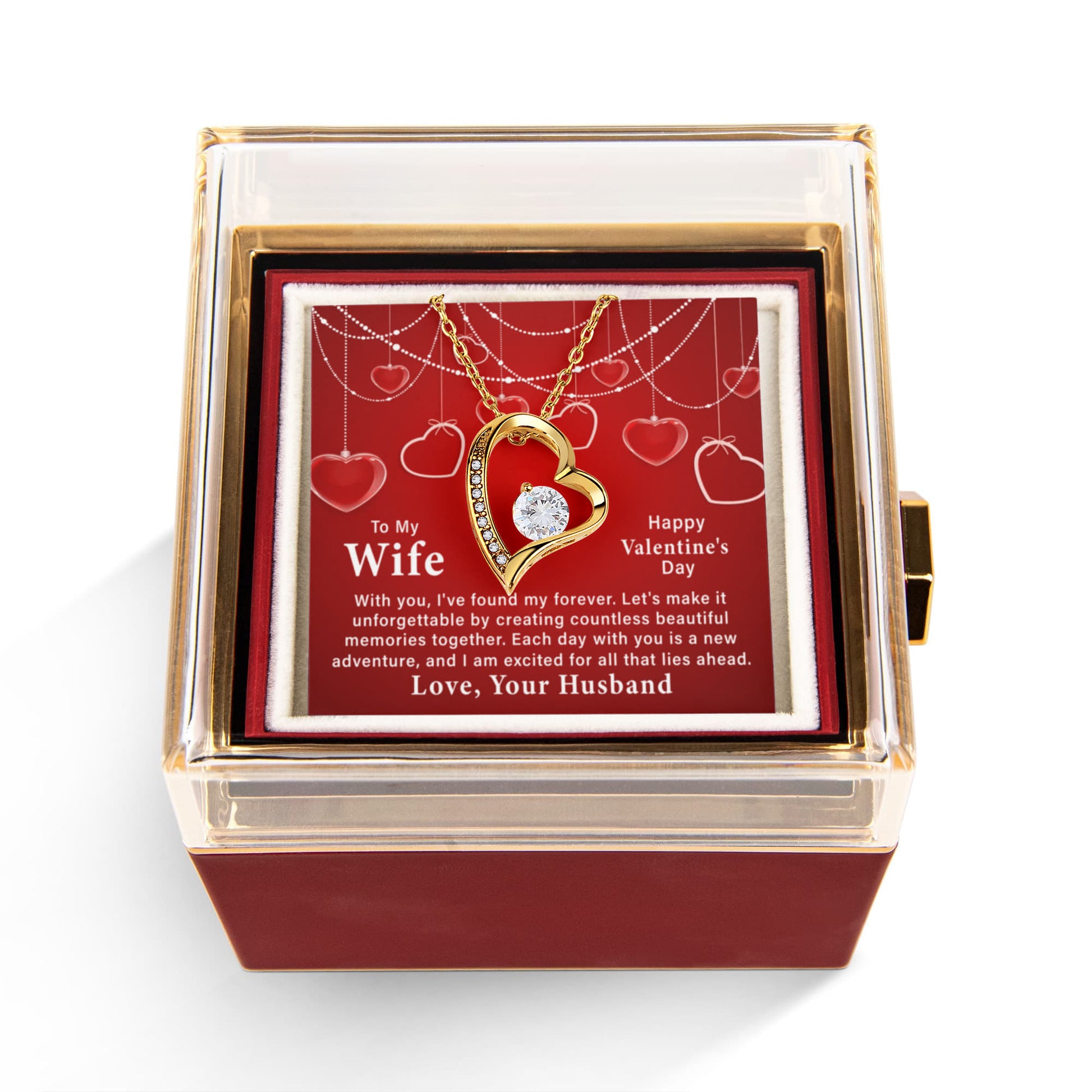 To My Wife: With You I've Found My Forever-Happy Valentine's Day Forever Love Necklace w/Rotating Rose Giftbox