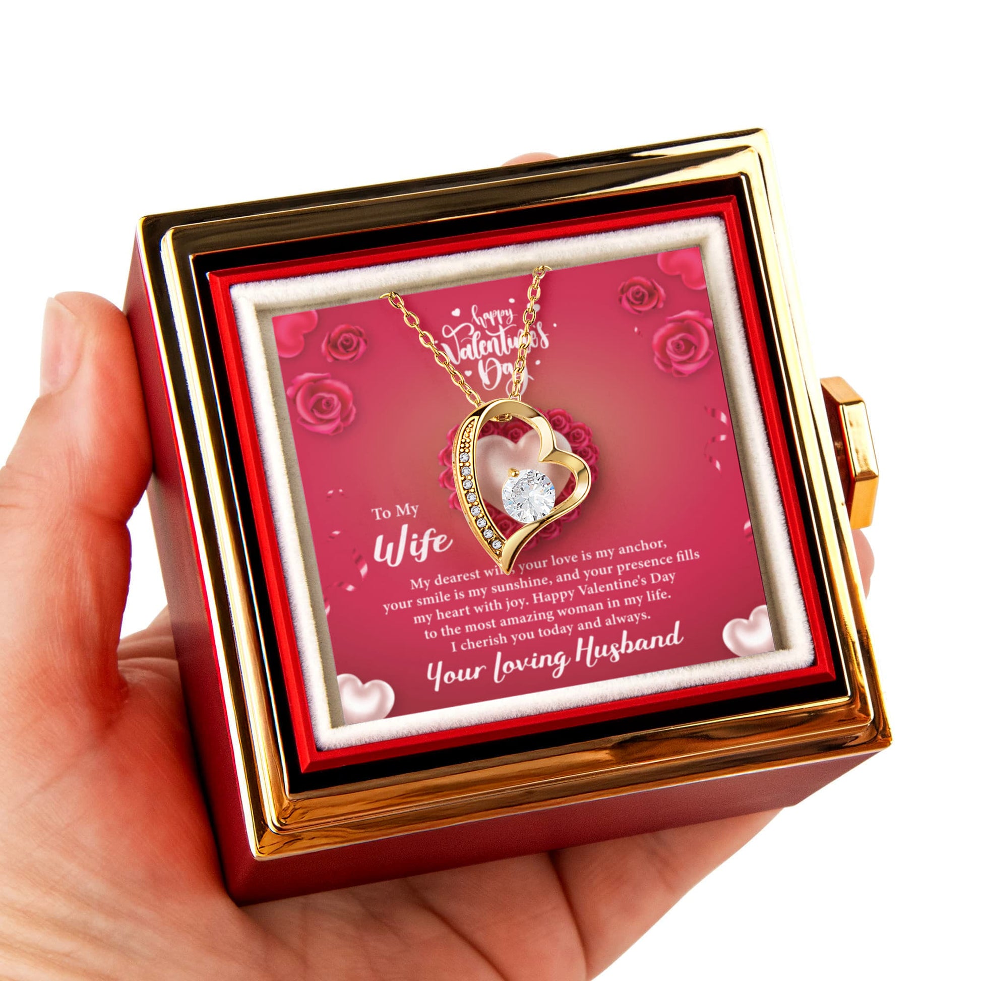 Heart of Roses — My Dearest Wife Happy Valentine's Day Forever Love Necklace w/ Rotating Rose Giftbox