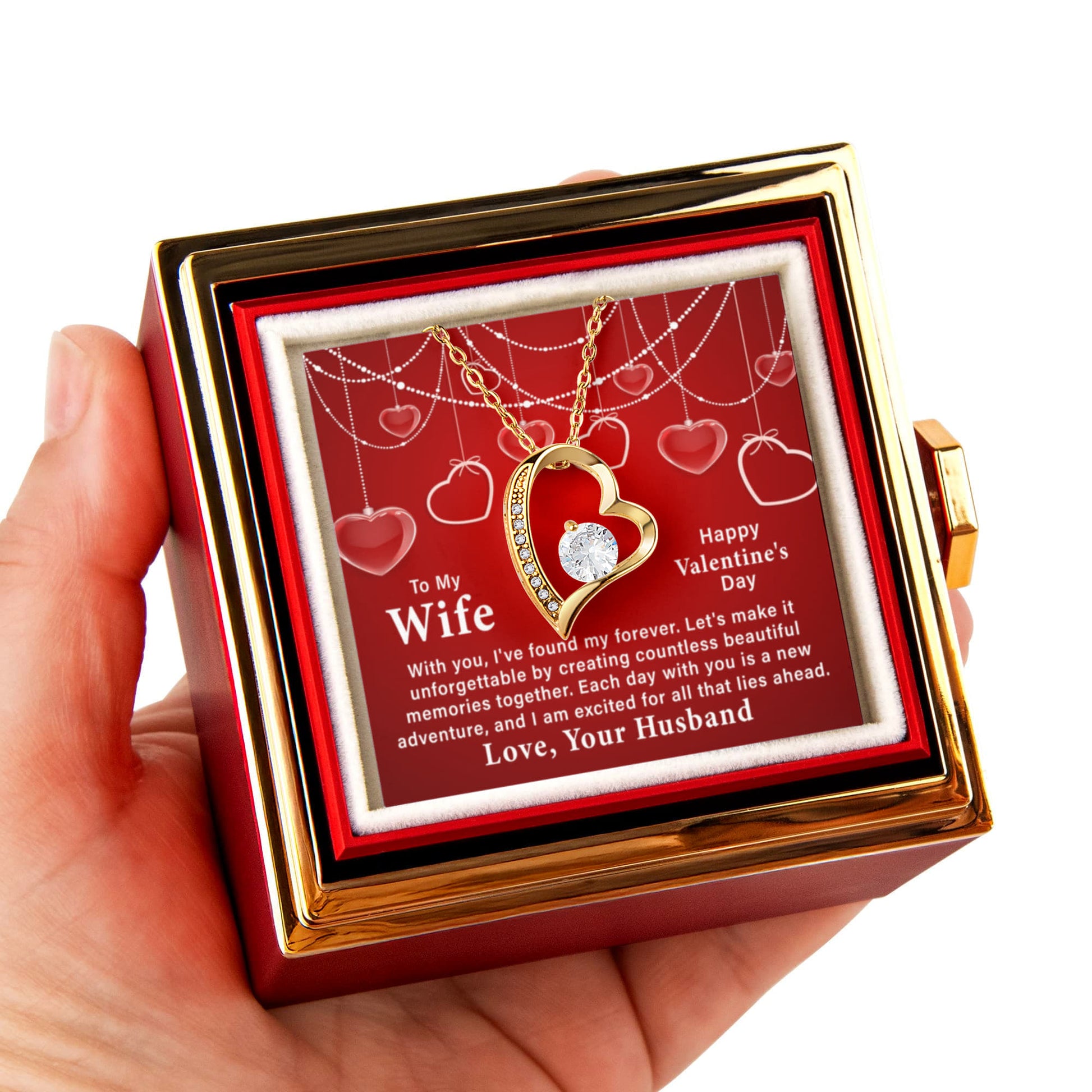To My Wife: With You I've Found My Forever-Happy Valentine's Day Forever Love Necklace w/Rotating Rose Giftbox
