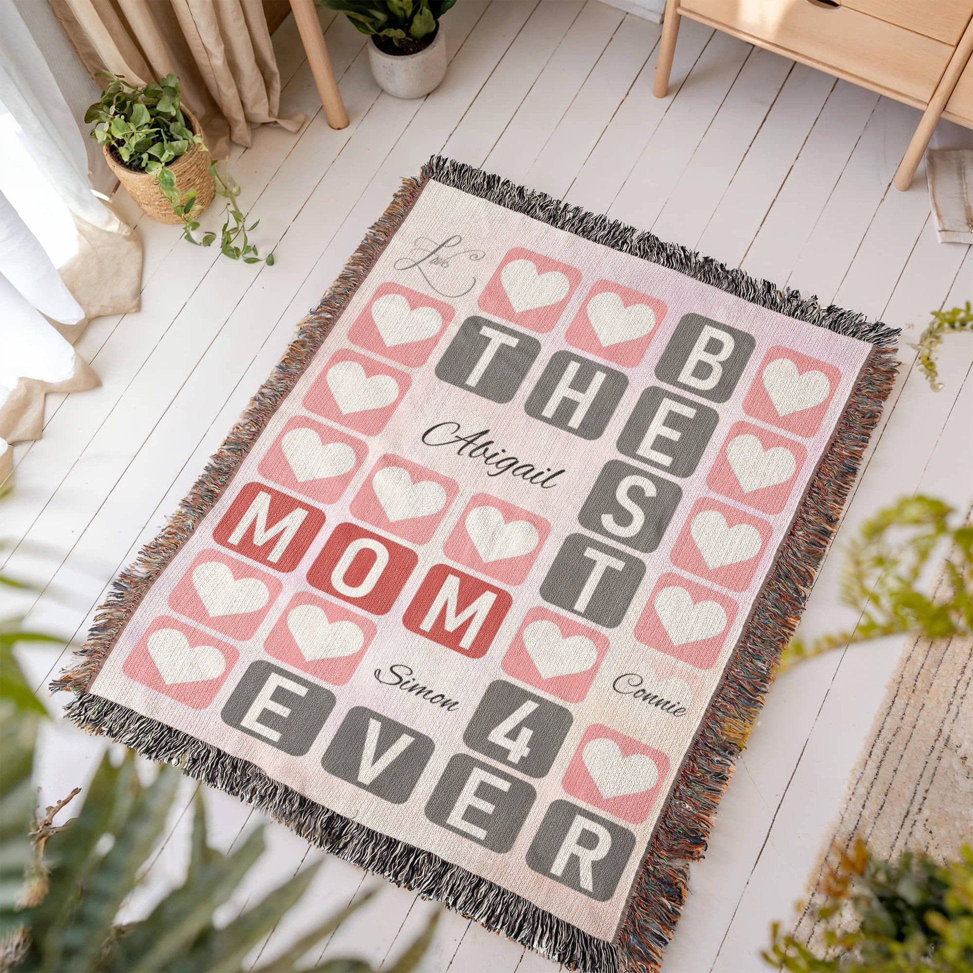 Best Mom 4‑Ever Heart Blanket-Artwork Heirloom Woven Blanket (personalize with up to 3 names)